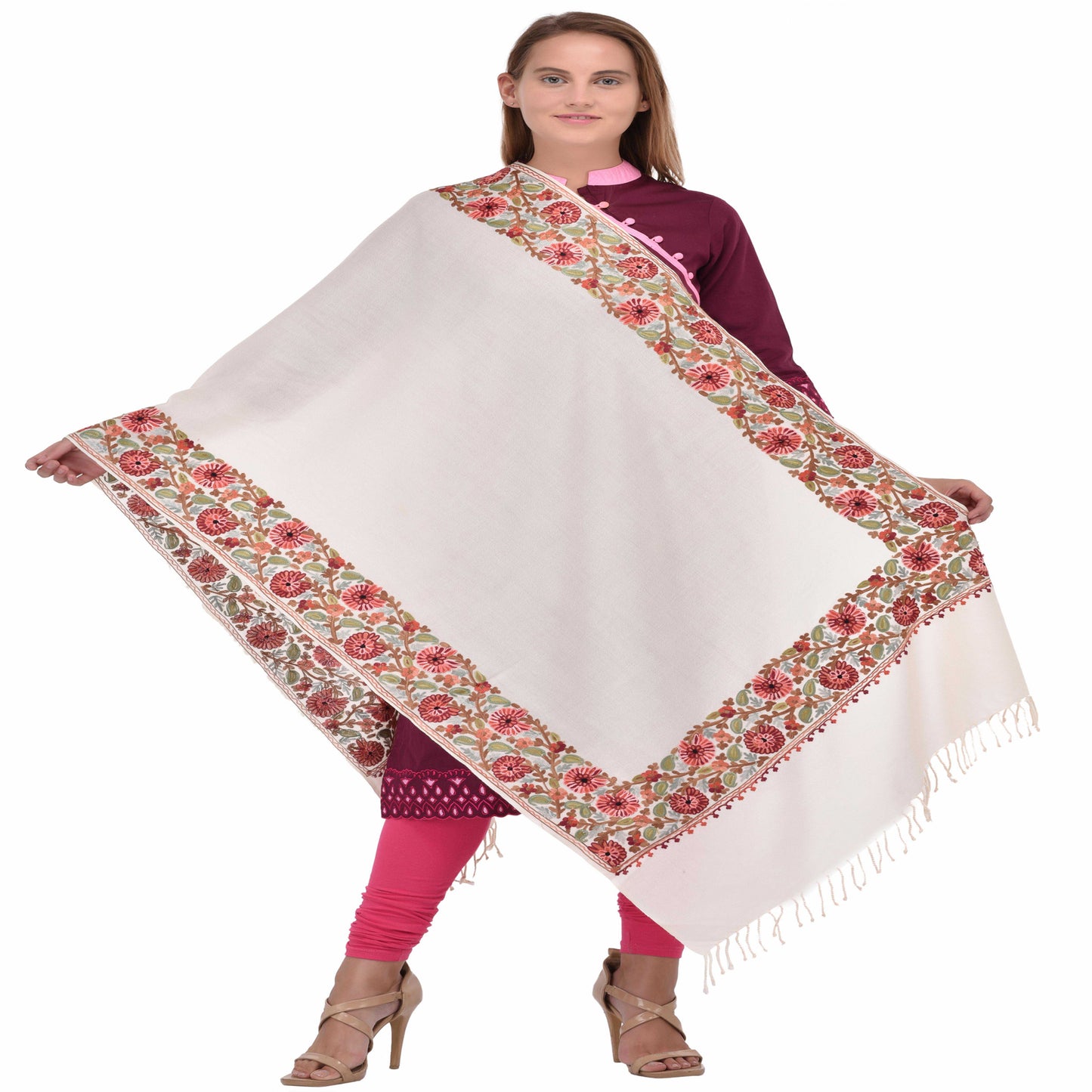 Kashmir Embroidered Floral Pure Wool Shawl | Traditional Aari Hand Embroidery | 28" x 80" Inch