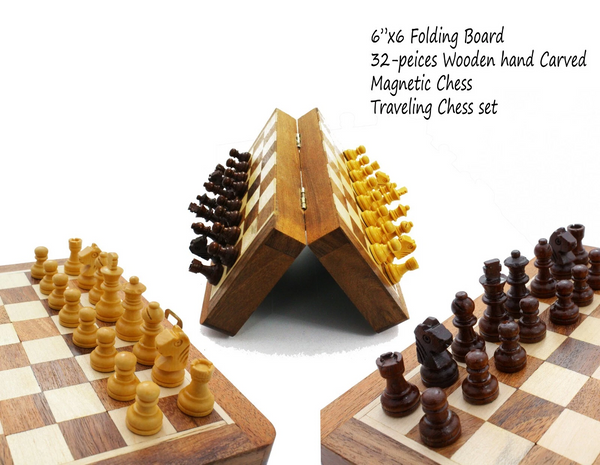 Wooden Handcrafted Foldable Magnetic Chess Board Set (6x6) – Premium Travel Chess with Storage Inside